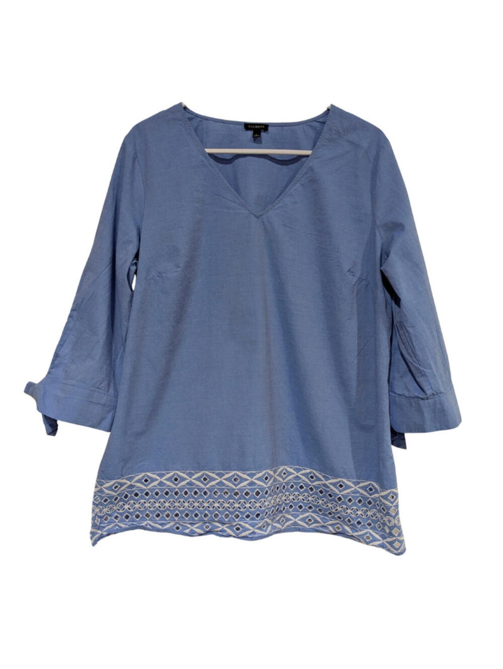 Talbots Women's Chambray Blouse, Blue, Size Large, 3/4 Sleeves, V-Neck, Cotton